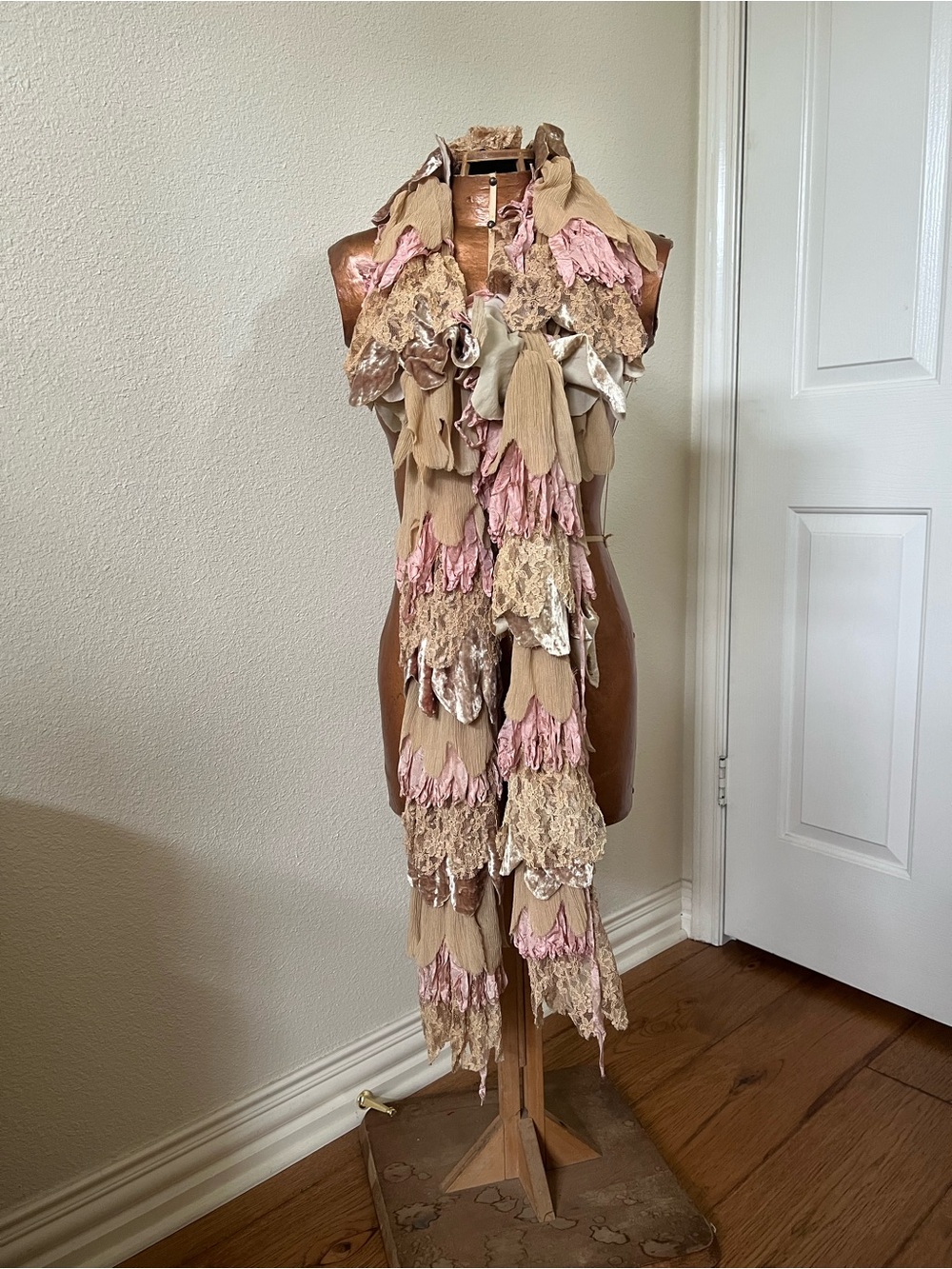 Magnolia Pearl Tiered Scallop Lace & Velvet Scarf in Beige, Pink, Gold